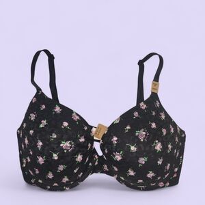 New PINK Victoria's Secret  Black & Pink Floral Lace Padded Push Up Bra 34DD